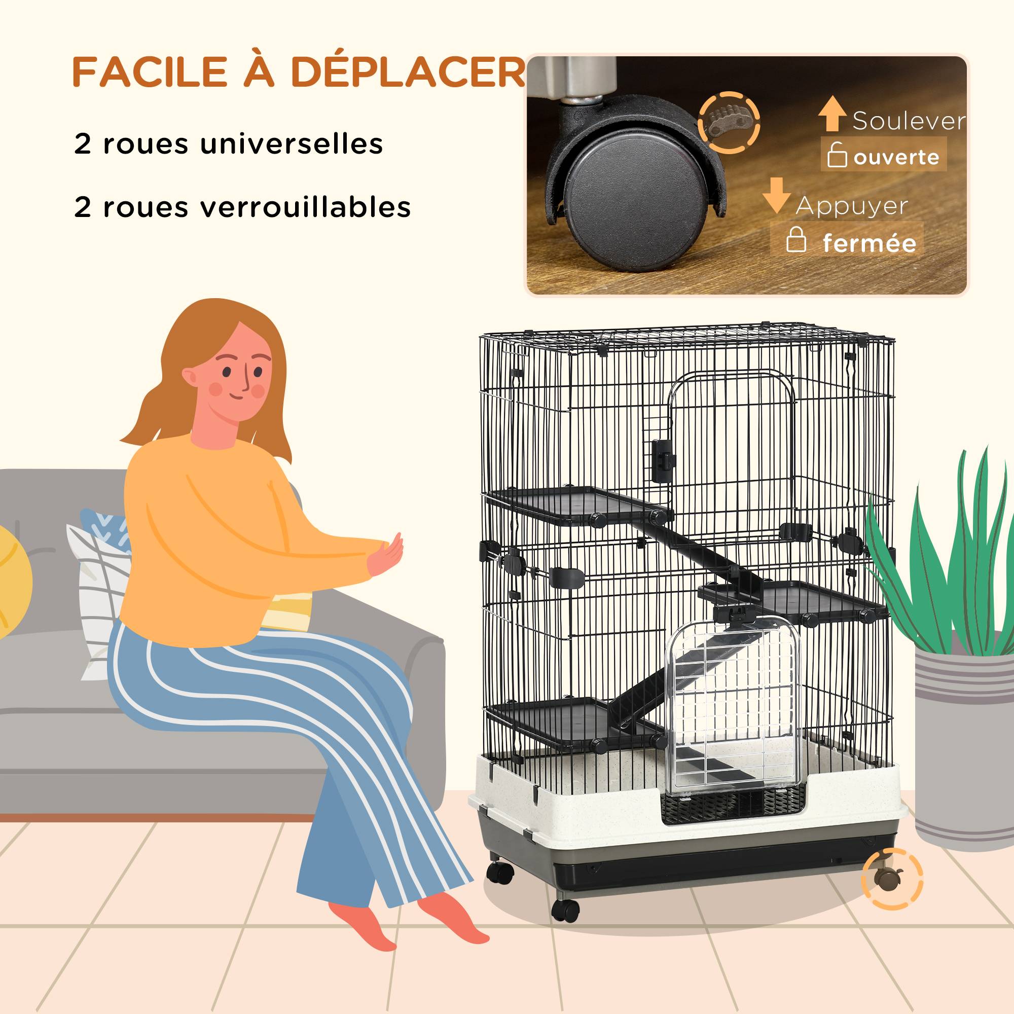 Pawhut - Cage pour rongeur sur roulettes - 3 étages, rampes, 2 portes + trappe, plateau excrément amovible - métal PP noir gris - Imagen 5