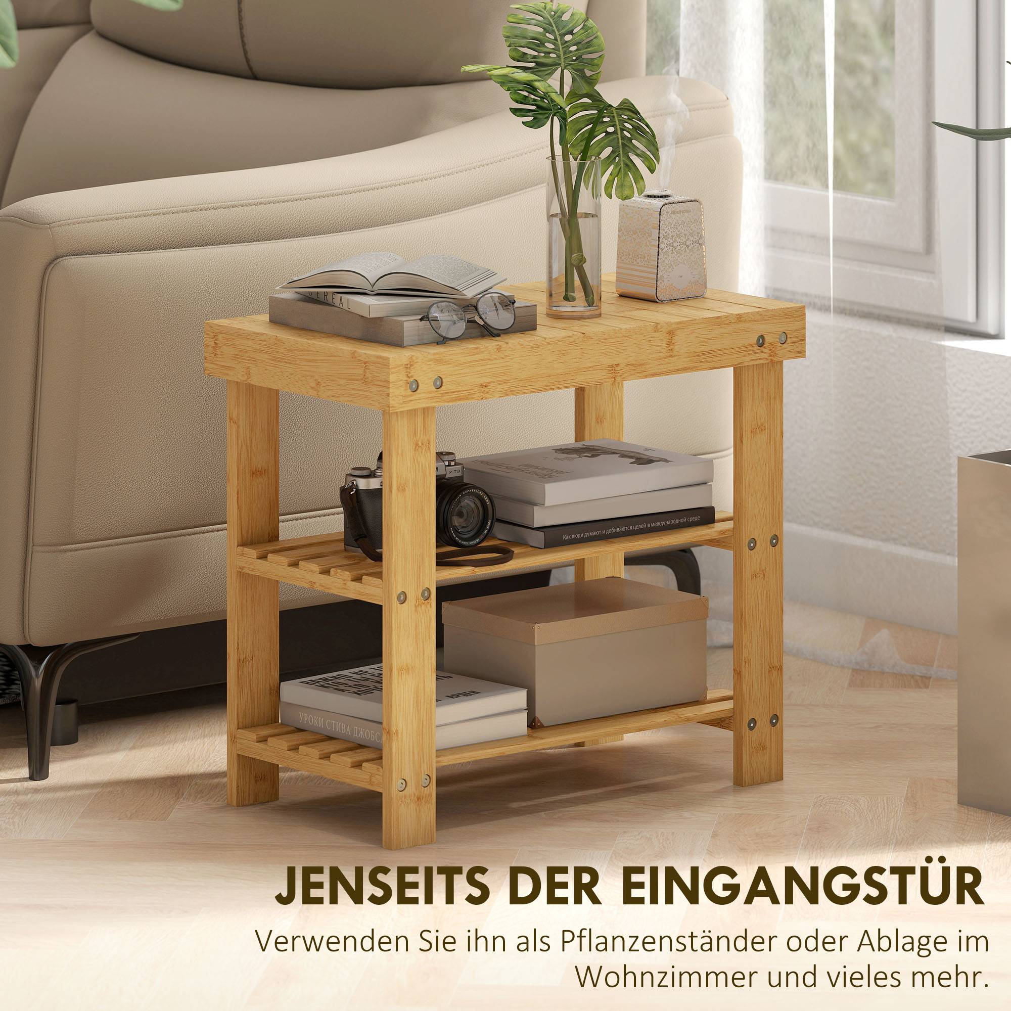 Banc à chaussures en bambou naturel, étagère à chaussures à 2 niveaux, siège intégré, pour entrée, couloir, 50 x 28 x 45 cm - Image 8
