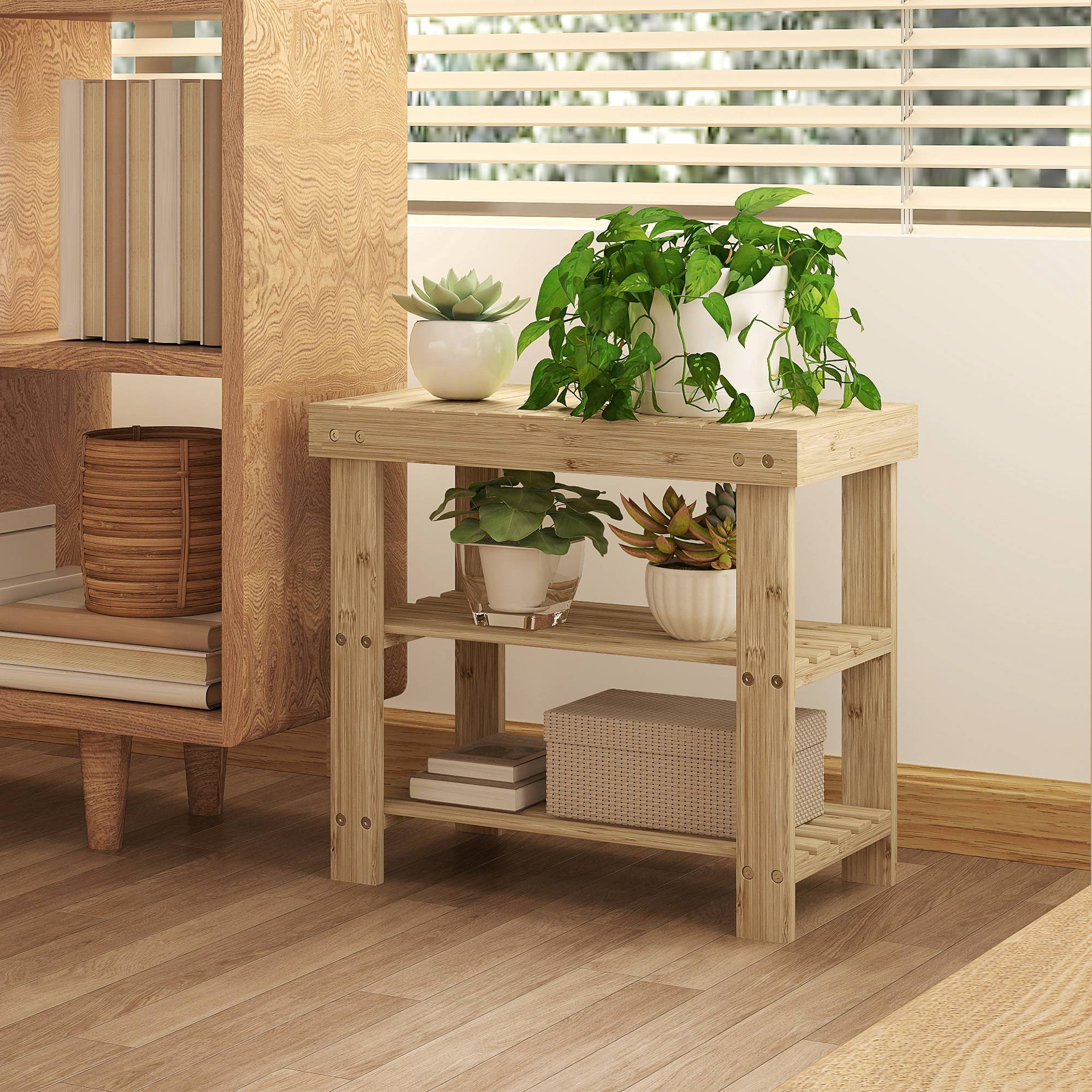 Banc à chaussures en bambou naturel, étagère à chaussures à 2 niveaux, siège intégré, pour entrée, couloir, 50 x 28 x 45 cm - Image 10