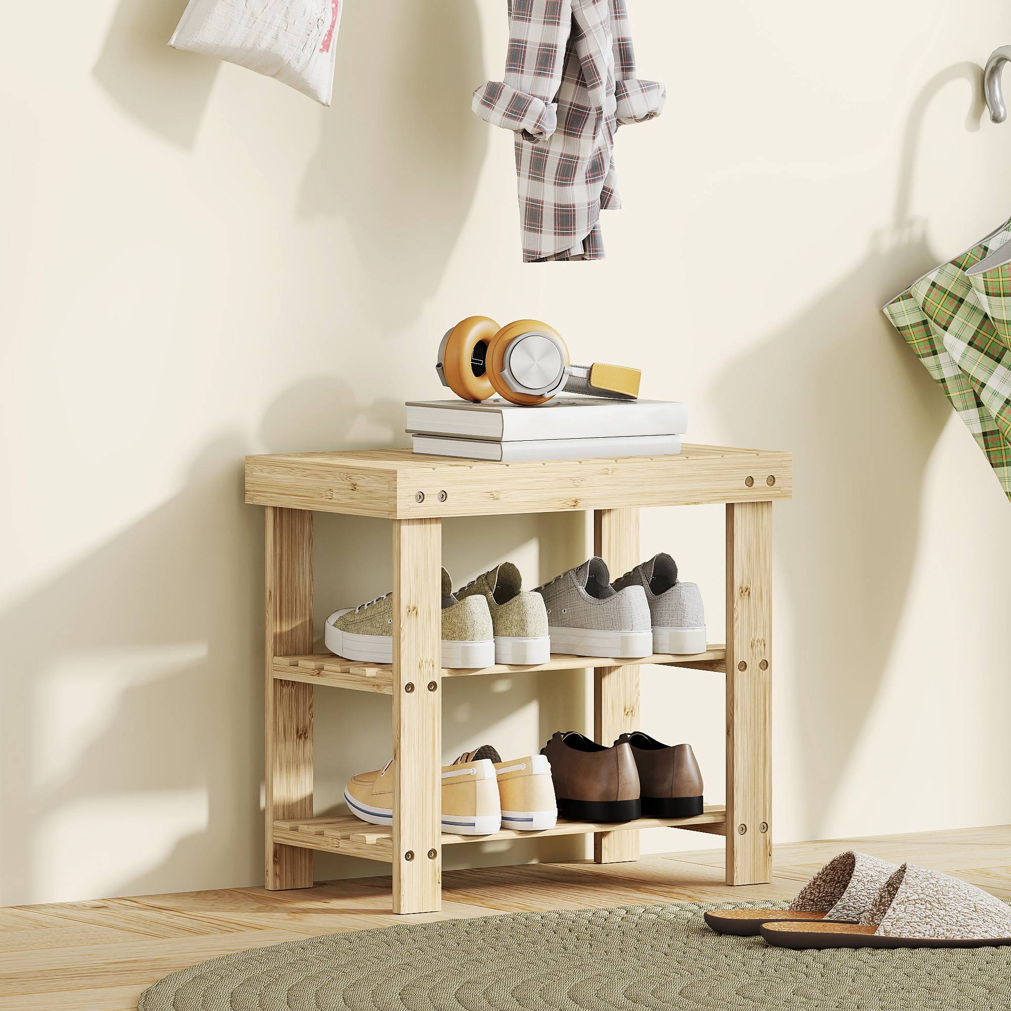 Banc à chaussures en bambou naturel, étagère à chaussures à 2 niveaux, siège intégré, pour entrée, couloir, 50 x 28 x 45 cm - Image 3