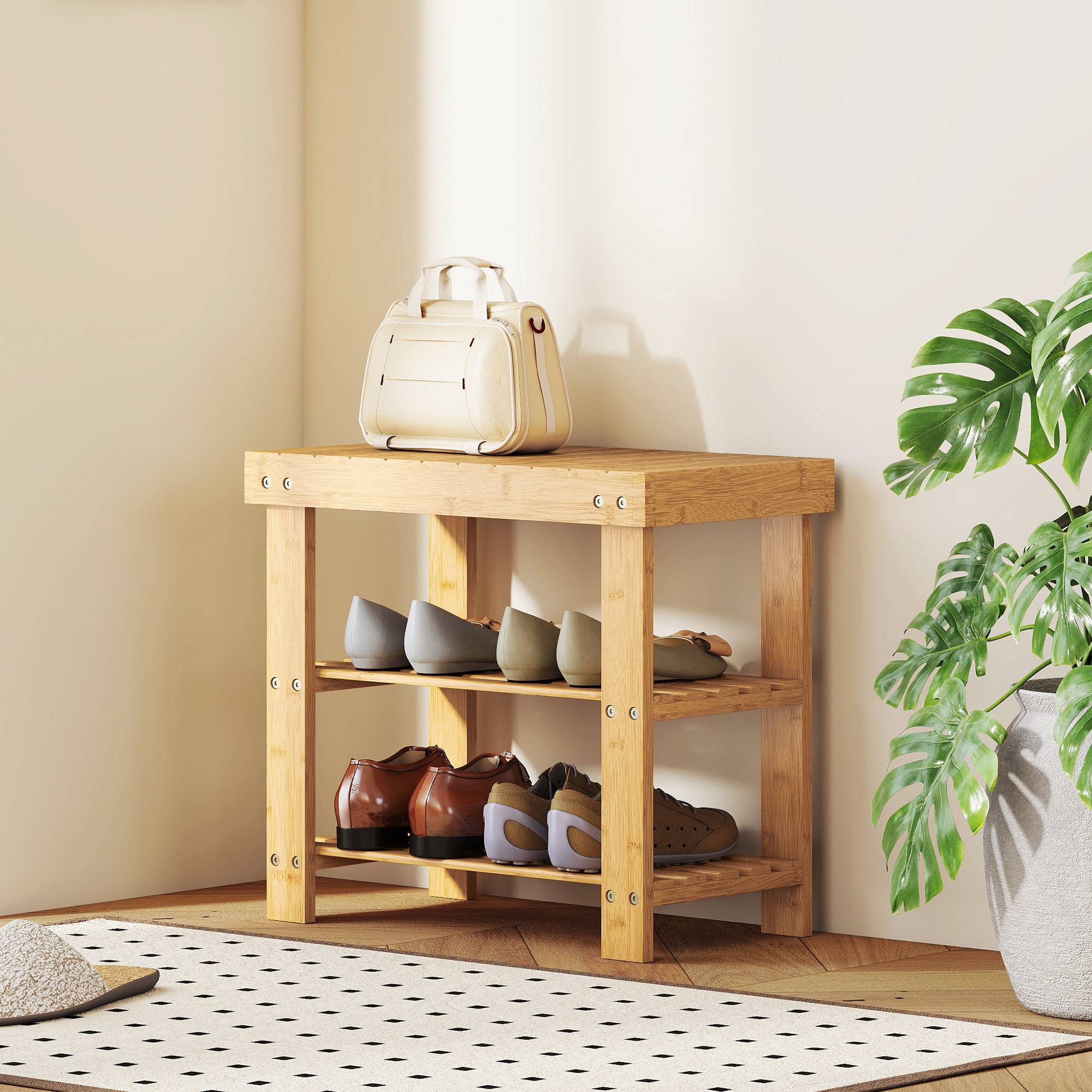Banc à chaussures en bambou naturel, étagère à chaussures à 2 niveaux, siège intégré, pour entrée, couloir, 50 x 28 x 45 cm - Image 4