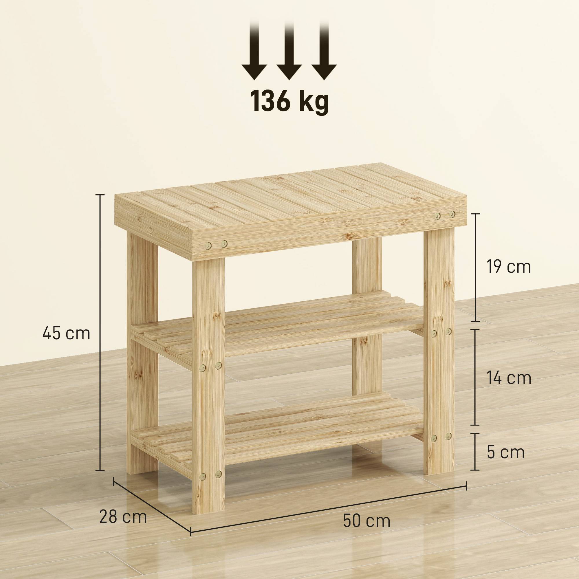 Banc à chaussures en bambou naturel, étagère à chaussures à 2 niveaux, siège intégré, pour entrée, couloir, 50 x 28 x 45 cm - Image 5