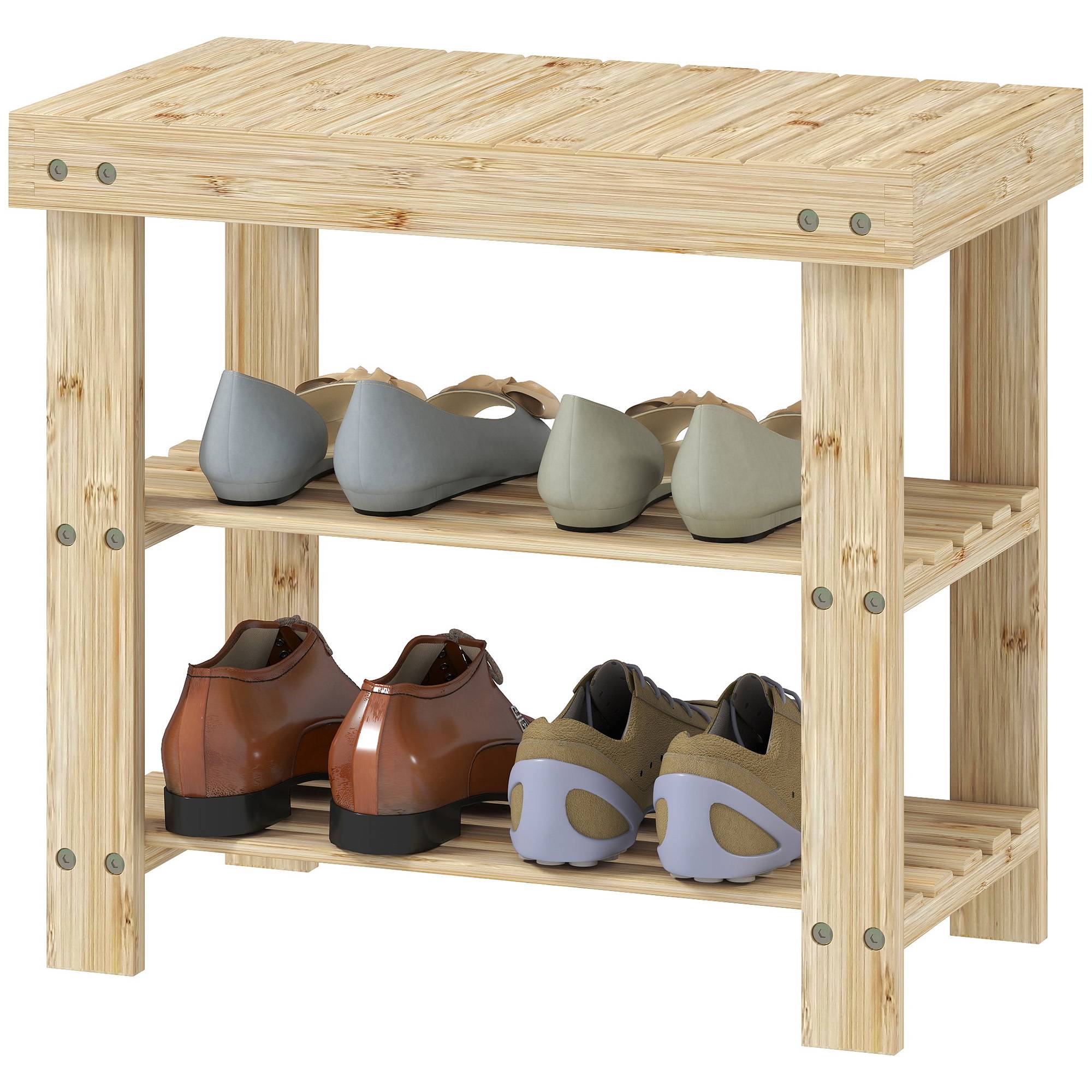 Banc à chaussures en bambou naturel, étagère à chaussures à 2 niveaux, siège intégré, pour entrée, couloir, 50 x 28 x 45 cm - Image 2