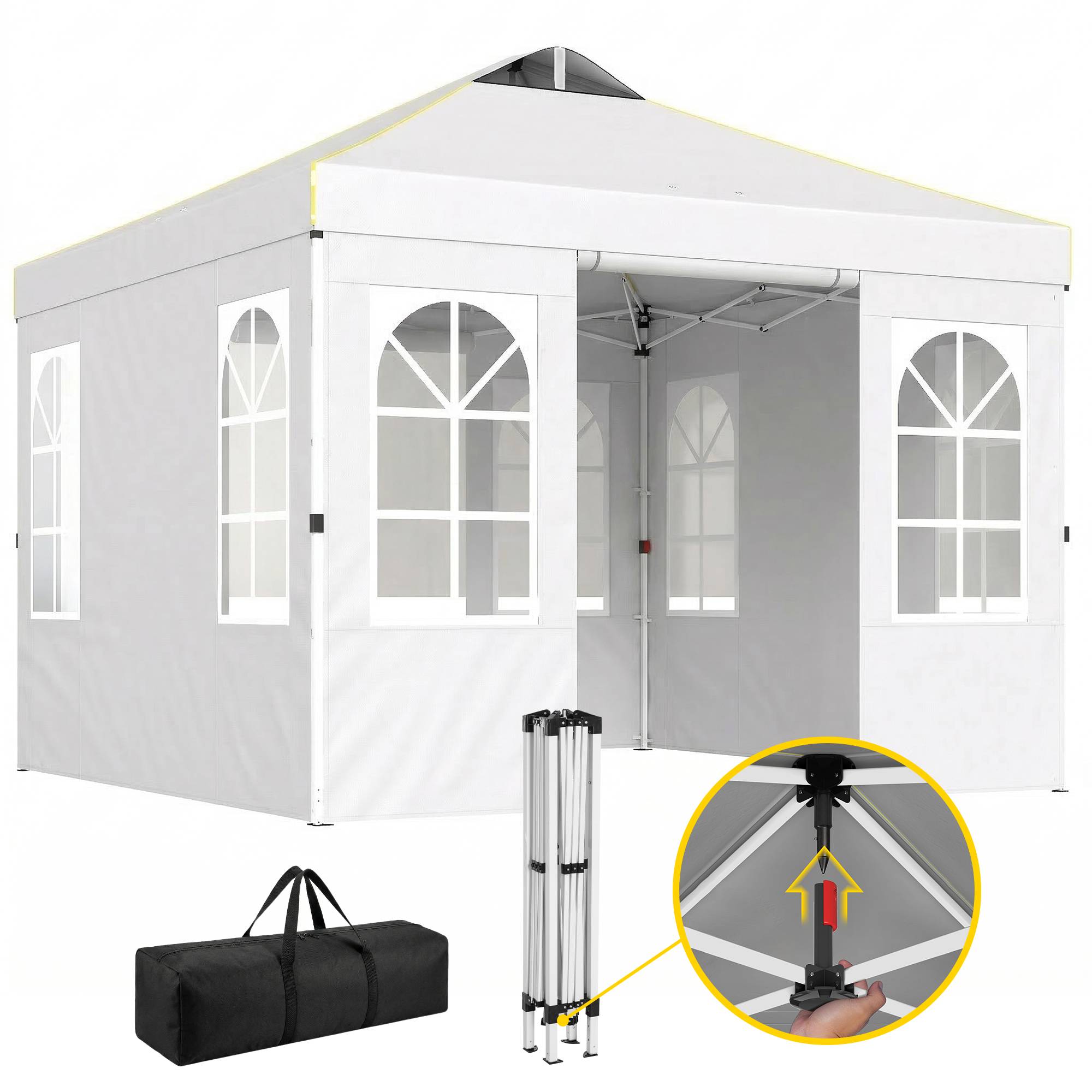 Tente blanche 3x3 m avec 4 panneaux latéraux amovibles UPF50+, abri design sobre pour jardin pratique et modulable
