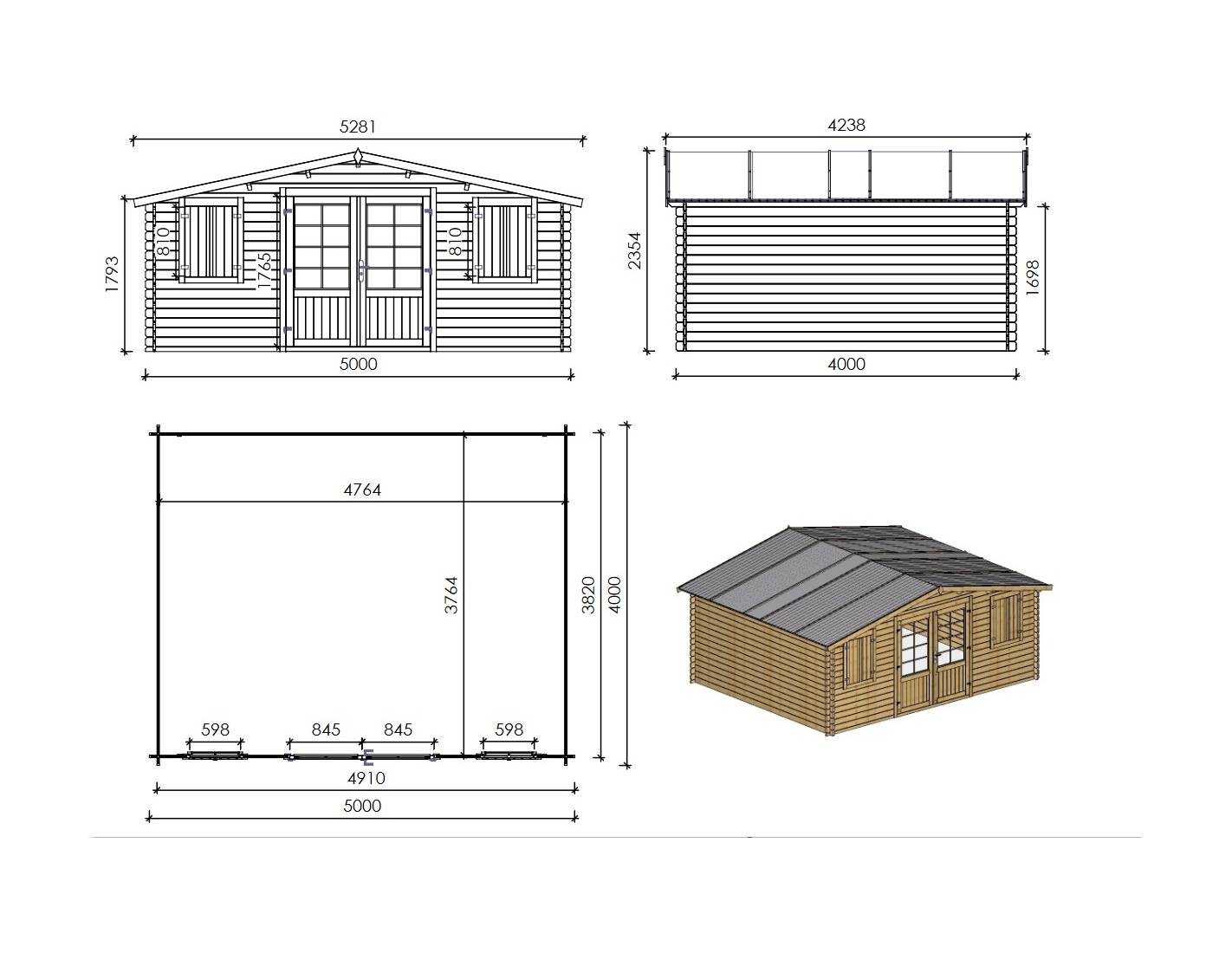 Altanka - Abri de jardin en bois - 20m2 - 5x4m - Traité - Ep. 28mm - Couleur: marron - DOM439 - Imagen 2