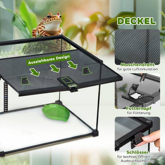 Terrarium pour reptiles, mangeoire pour reptiles, terrarium en verre pour amphibiens et arachnides avec thermomètre,noir, 50 x 30 x 35 cm - Image 7