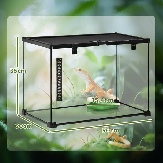 Terrarium pour reptiles, mangeoire pour reptiles, terrarium en verre pour amphibiens et arachnides avec thermomètre,noir, 50 x 30 x 35 cm - Image 5