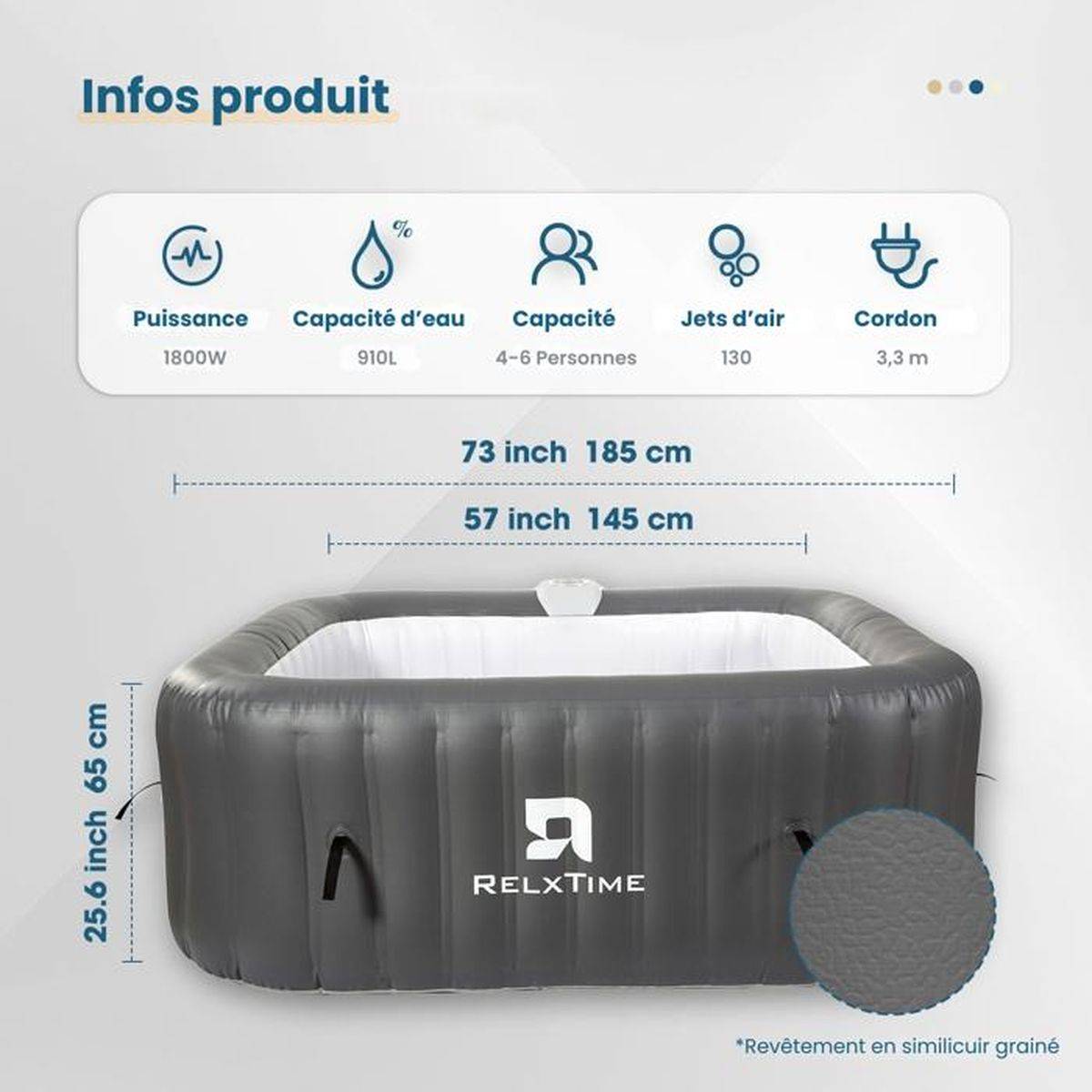 Spa gonflable carré 6 places DuraSquare Pro 185x185x65 cm, 130 AirJets, kit 15 pièces - RELXTIME - Image 3