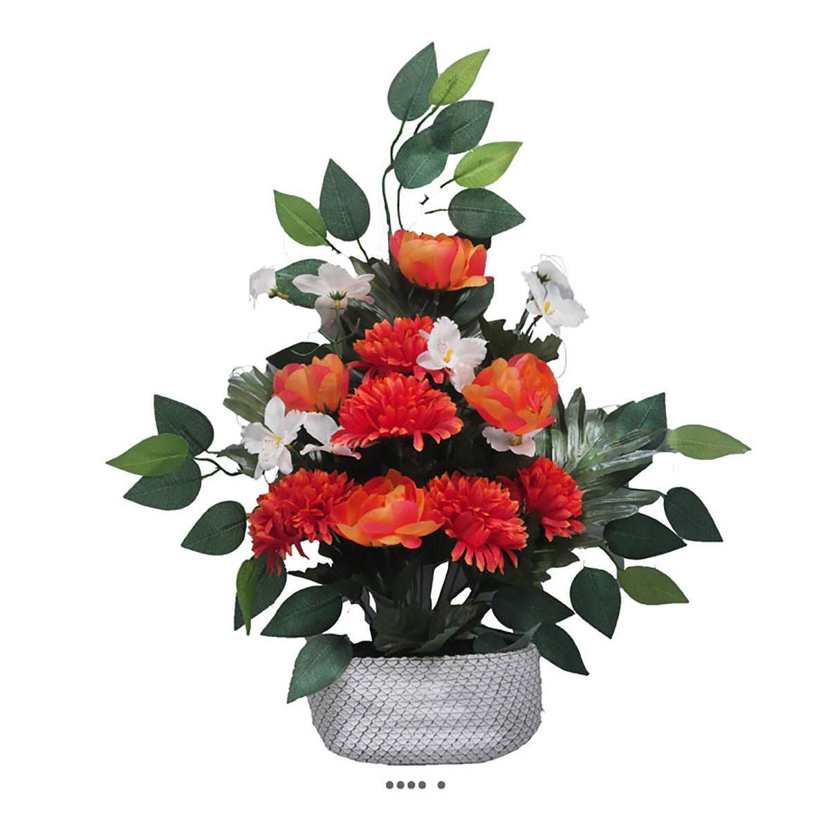 Artificielles - Jardinière déco fleurs artificielles cimetière chrysanthèmes et pivoines Orange - couleur: Orange - Imagen 2