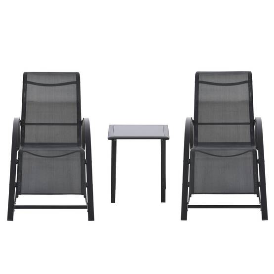 Sans Marque - Ensemble de 2 chaises longues et table avec étagère, en tissu respirant et métal, 59 x 169 x 66 cm, noir - Image 1