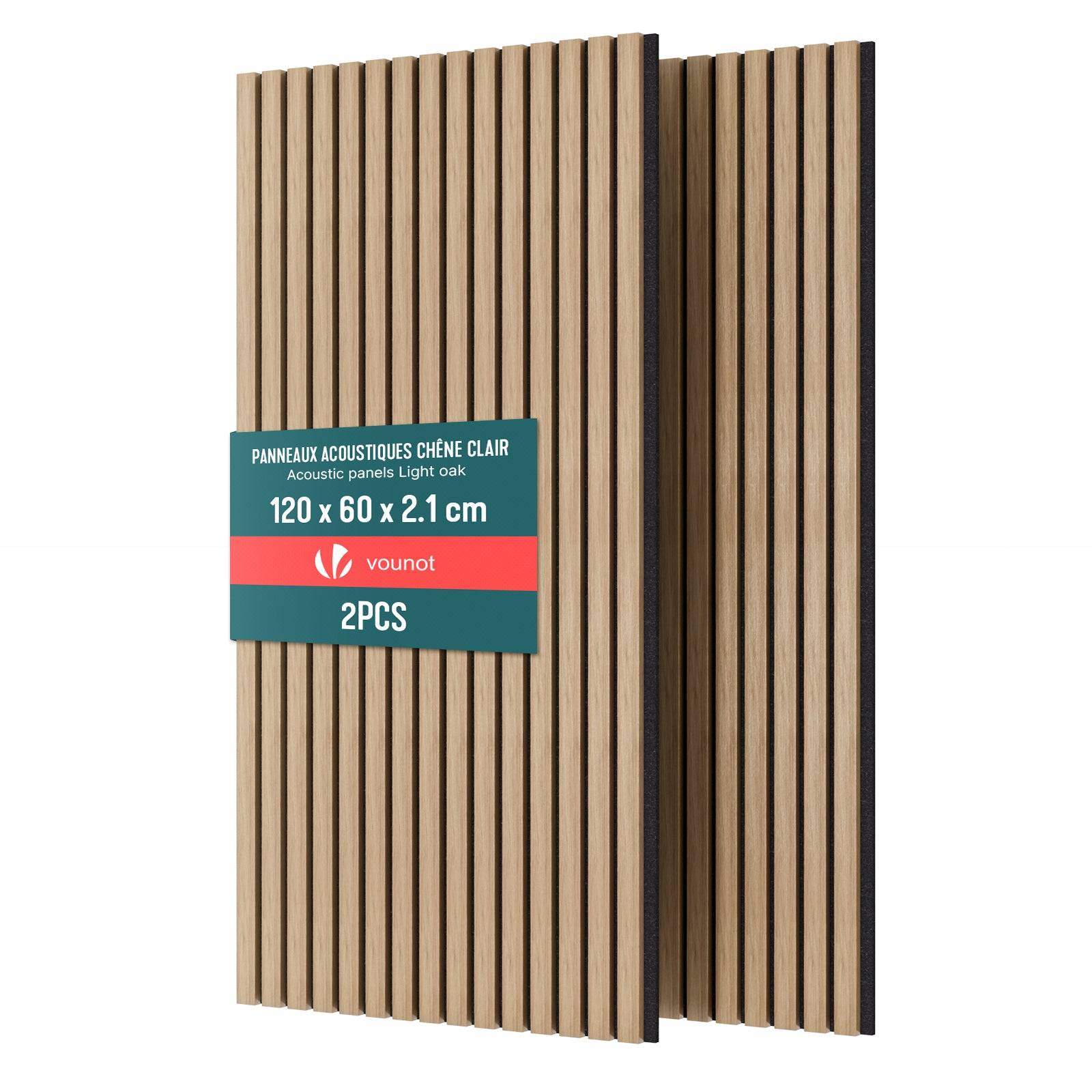 Lot de 2 panneaux acoustiques muraux Tasseaux en bois MDF avec feutre noir 120x60x2.1cm chene clair