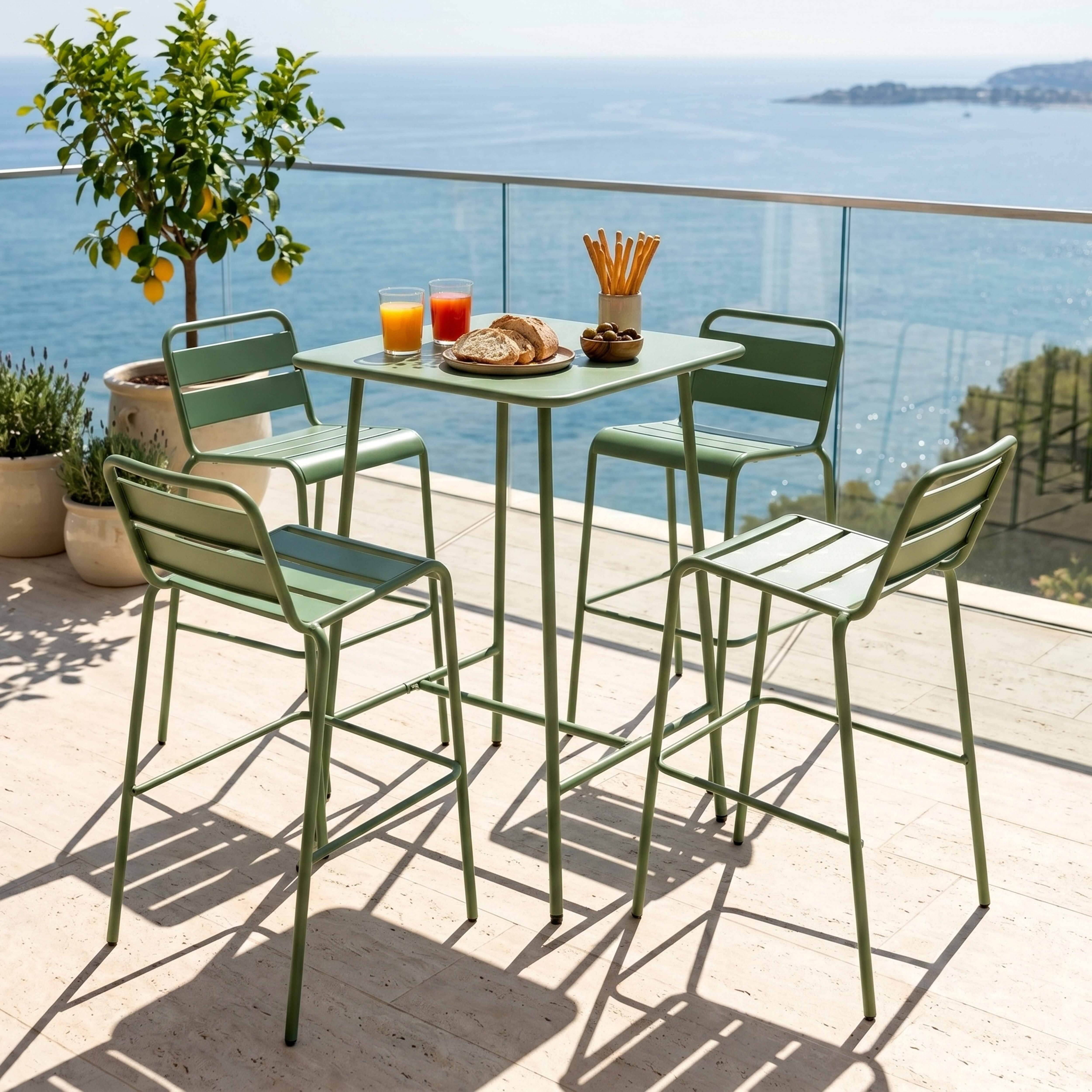 Oviala - Ensemble table de bar et 4 chaises hautes en métal vert cactus  Palavas - Oviala - Imagen 2