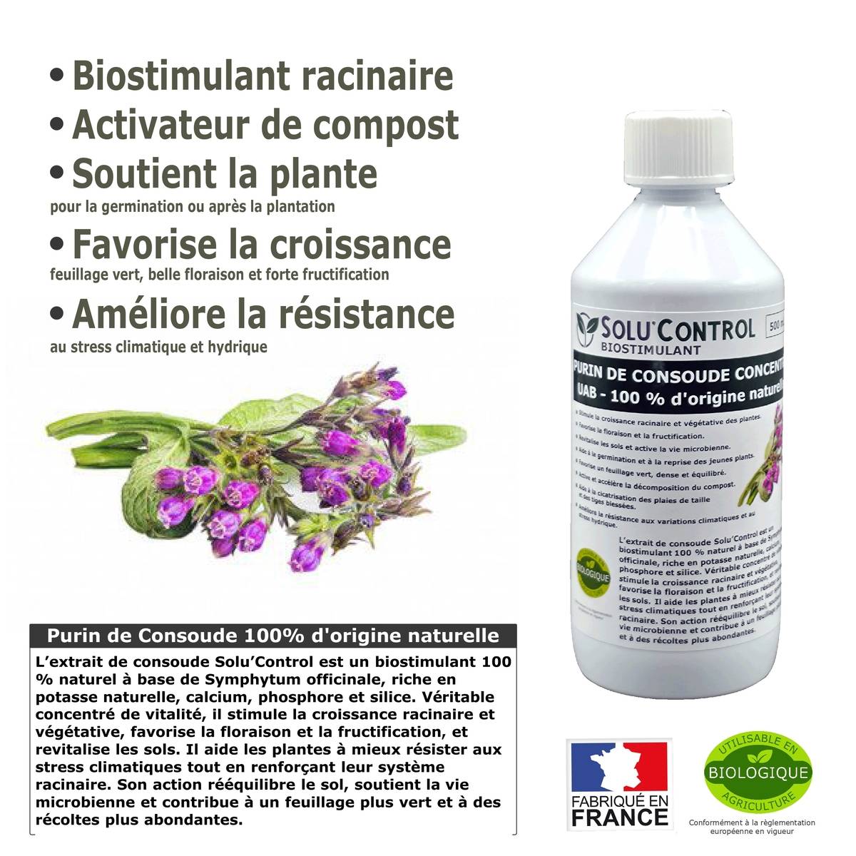SOLU'CONTROL - Purin de Consoude - 500 ml Concentré Biostimulant Racinaire, Favorise la Croissance et la Floraison - Image 3