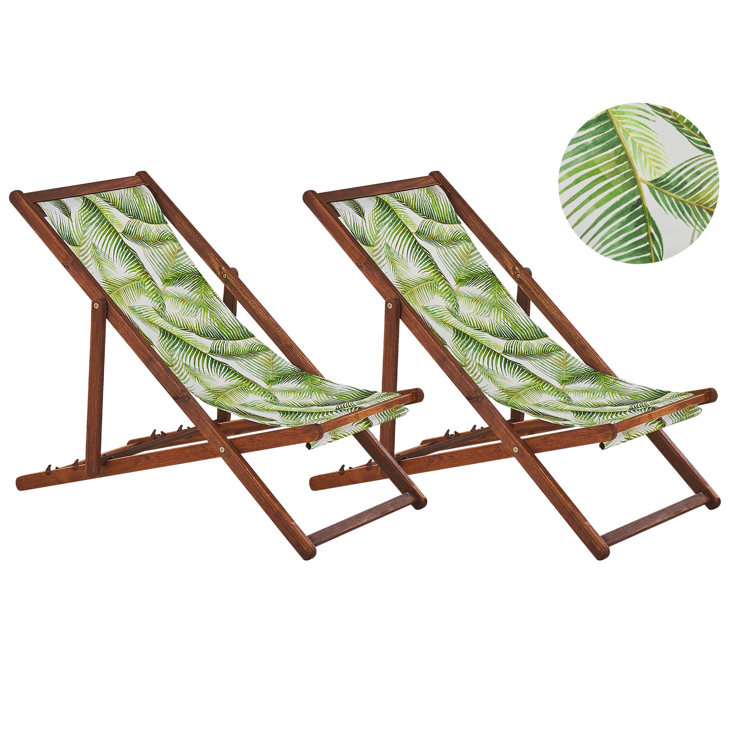Beliani - 2 Transats Chiliennes Pliantes et Réglables en Bois d'Acacia Foncé et Textile Motif Feuilles Vertes avec Toiles de Remplacement - Imagen 1
