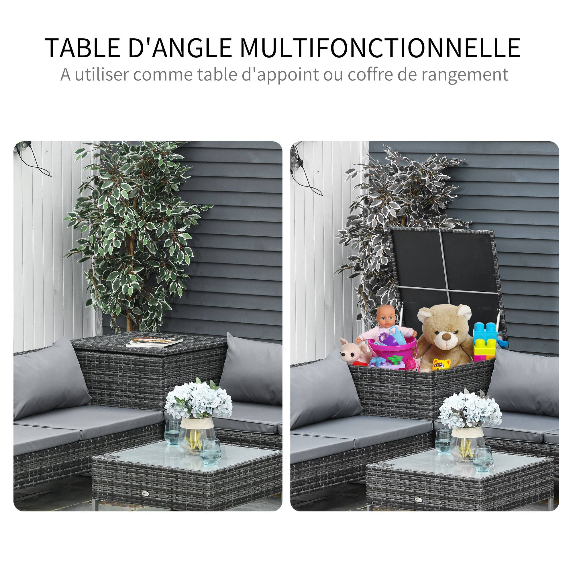 Outsunny - Ensemble salon de jardin d'angle 4 places - table basse, coffre - coussins assise déhoussables - métal époxy résine tressée gris - Outsunny - Imagen 5