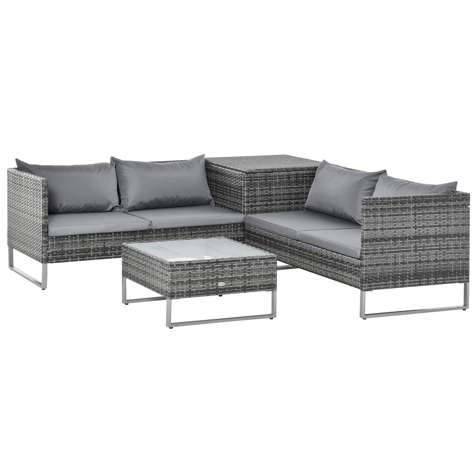 Outsunny - Ensemble salon de jardin d'angle 4 places - table basse, coffre - coussins assise déhoussables - métal époxy résine tressée gris - Outsunny - Imagen 1