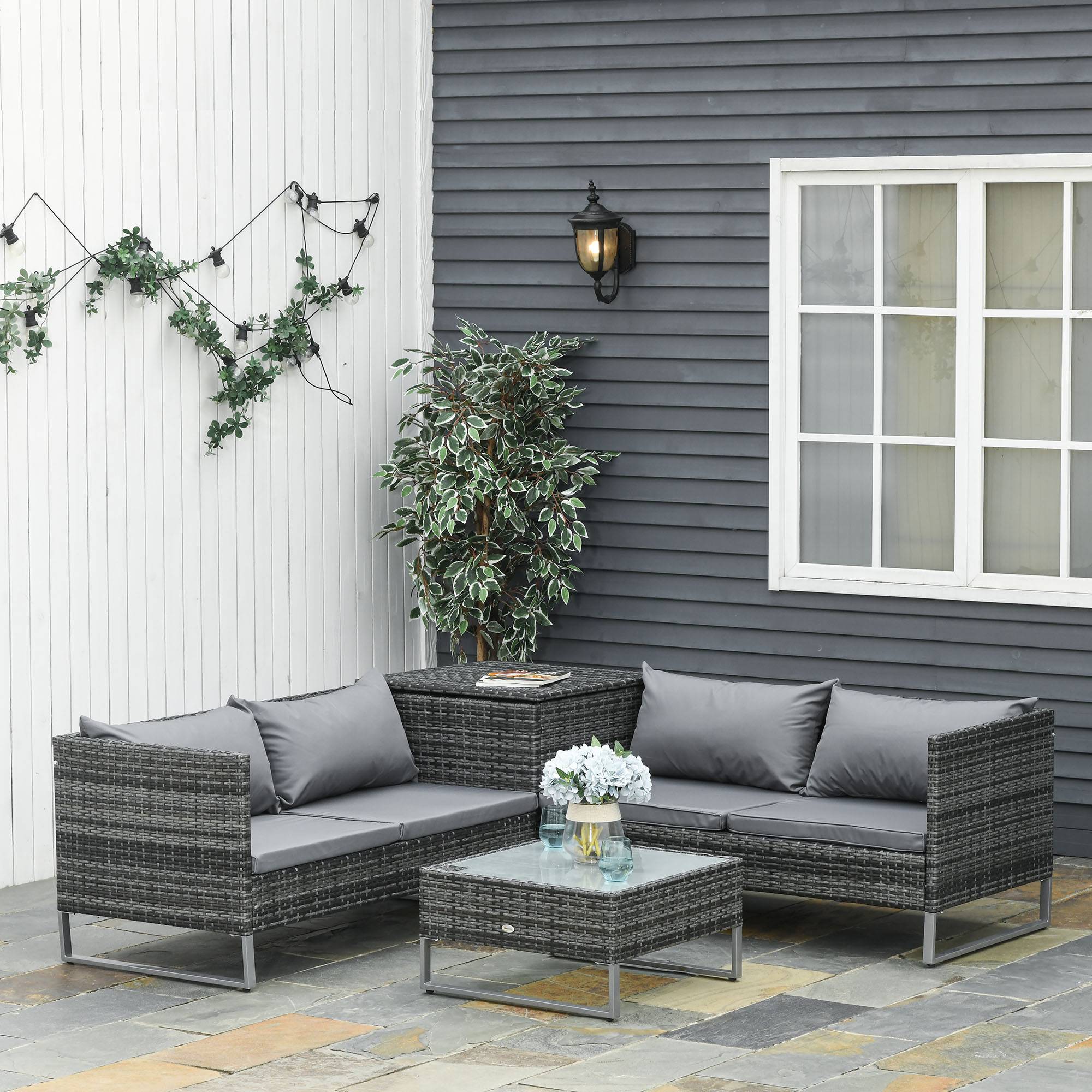 Outsunny - Ensemble salon de jardin d'angle 4 places - table basse, coffre - coussins assise déhoussables - métal époxy résine tressée gris - Outsunny - Imagen 2