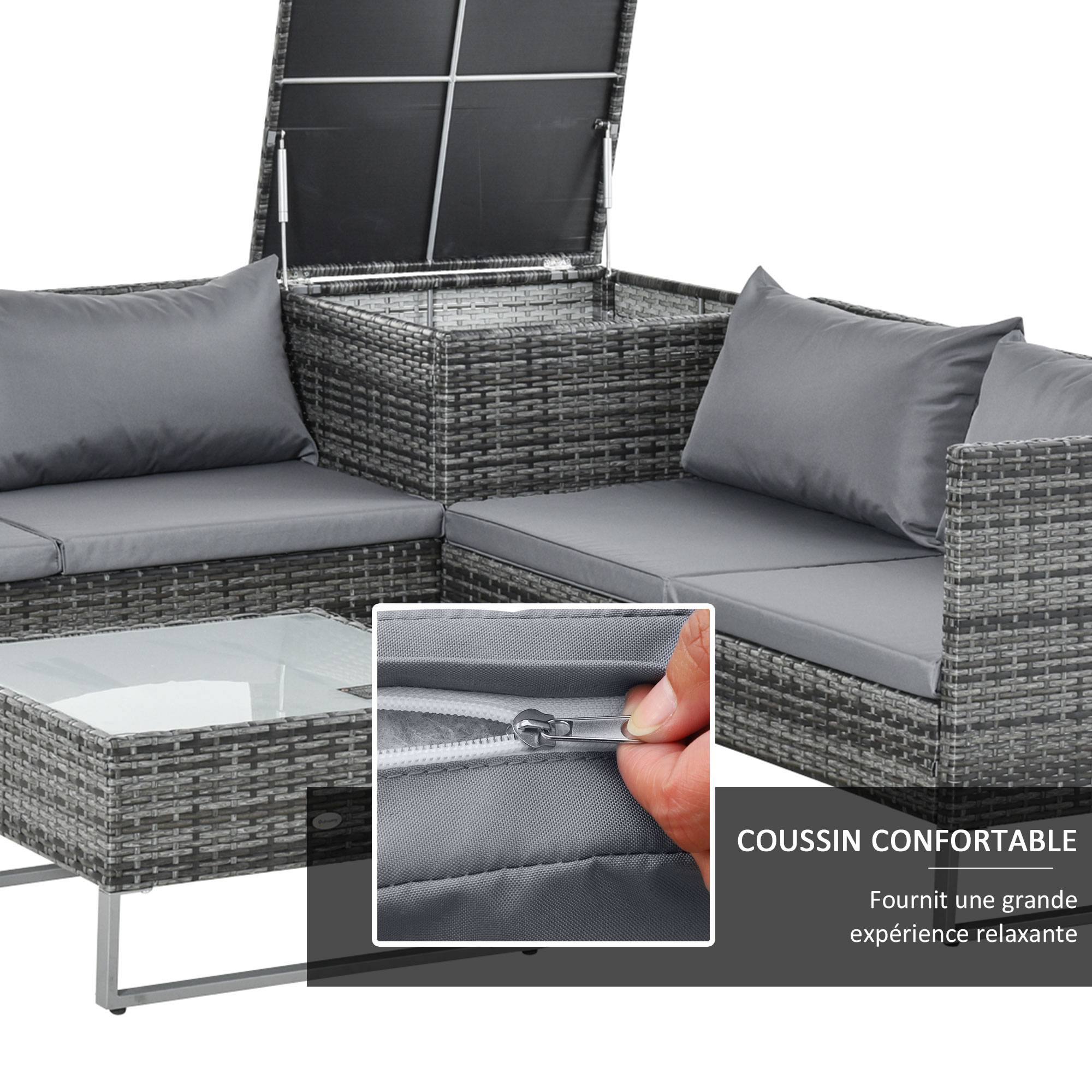 Outsunny - Ensemble salon de jardin d'angle 4 places - table basse, coffre - coussins assise déhoussables - métal époxy résine tressée gris - Outsunny - Imagen 6
