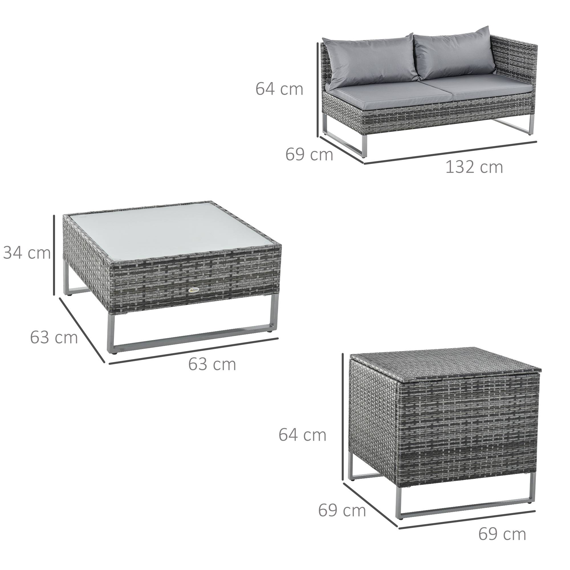 Outsunny - Ensemble salon de jardin d'angle 4 places - table basse, coffre - coussins assise déhoussables - métal époxy résine tressée gris - Outsunny - Imagen 3