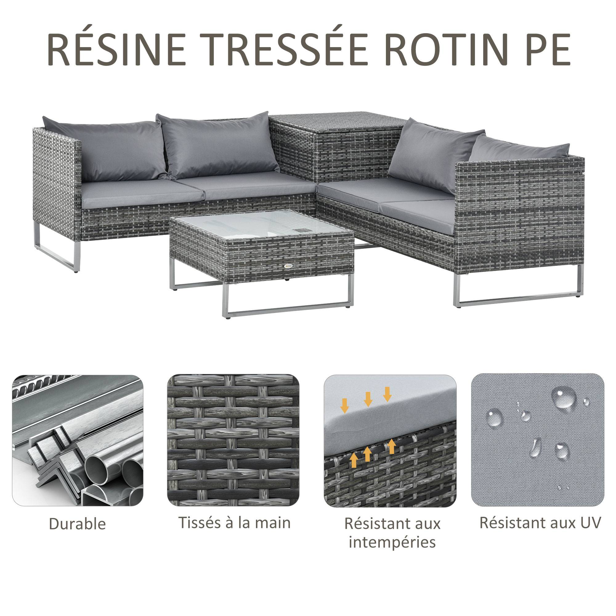 Outsunny - Ensemble salon de jardin d'angle 4 places - table basse, coffre - coussins assise déhoussables - métal époxy résine tressée gris - Outsunny - Imagen 4