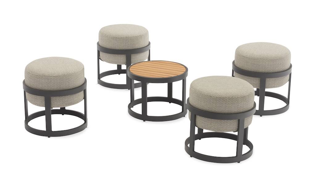 Proloisirs - Set TOTEM (4 tabourets + 1 table) – Empilable – Aluminium époxy / Teck FSC – Graphite