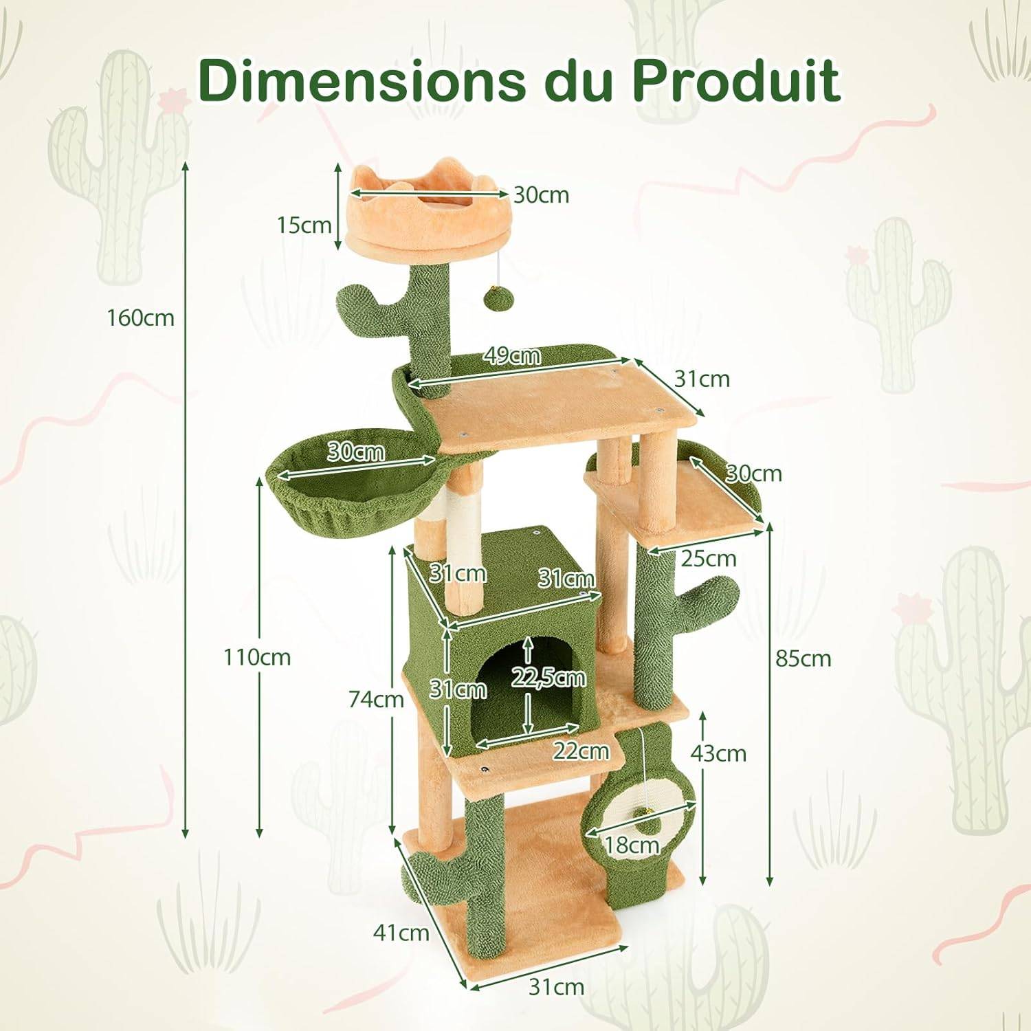 COSTWAY Arbre a Chat XXL Cactus 160 cm, 2 Poteaux à Griffer en Sisal, Planche à Griffer, Panier, 2 Pompons avec Grelot, Dispositif Anti-basculement - Image 4