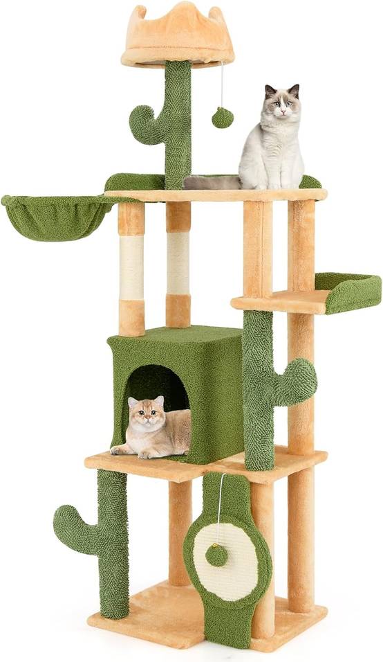 COSTWAY Arbre a Chat XXL Cactus 160 cm, 2 Poteaux à Griffer en Sisal, Planche à Griffer, Panier, 2 Pompons avec Grelot, Dispositif Anti-basculement - Image 1