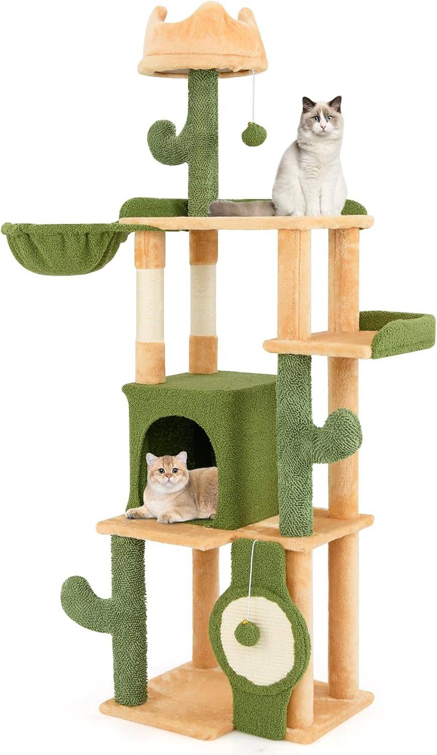 COSTWAY Arbre a Chat XXL Cactus 160 cm, 2 Poteaux à Griffer en Sisal, Planche à Griffer, Panier, 2 Pompons avec Grelot, Dispositif Anti-basculement - Image 1