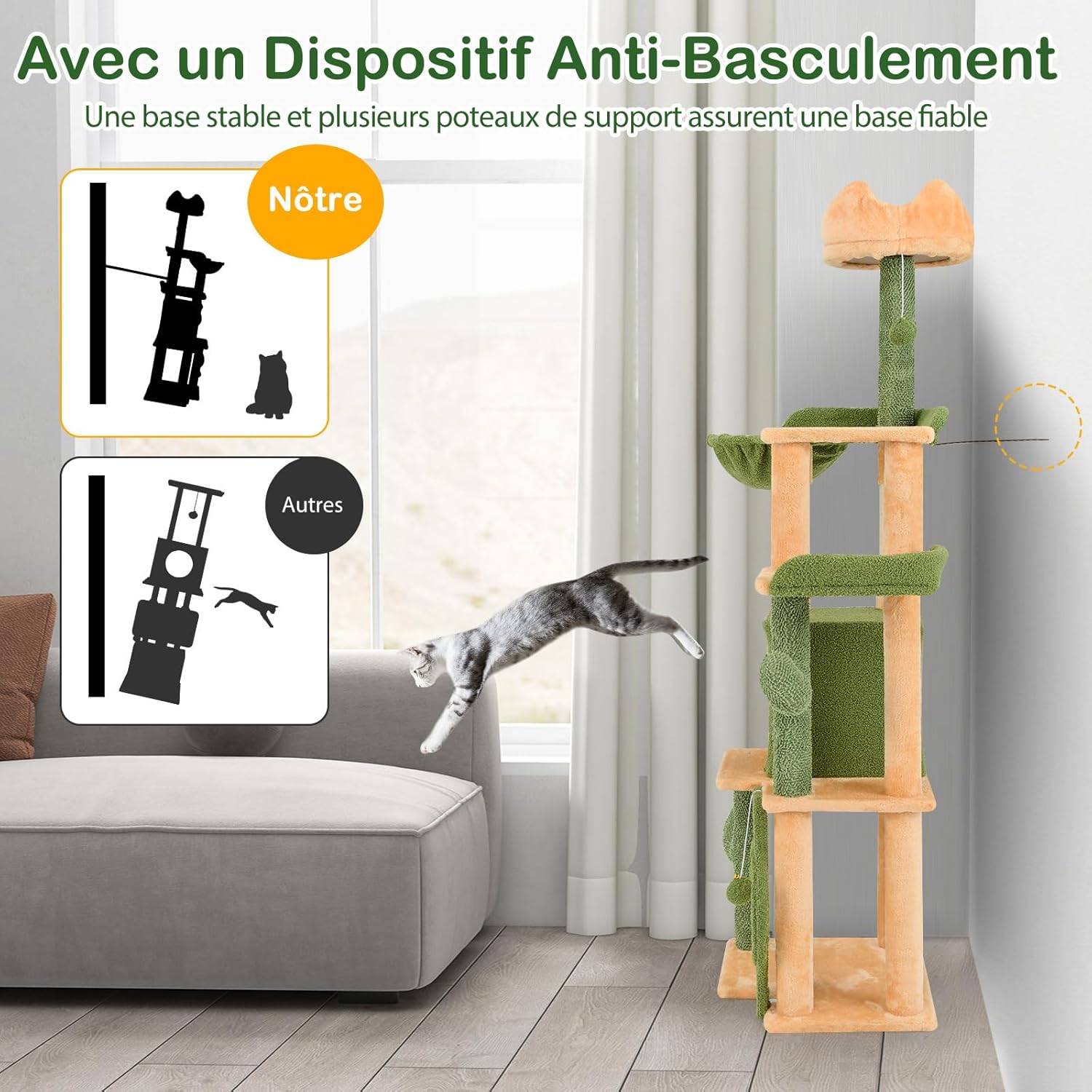 COSTWAY Arbre a Chat XXL Cactus 160 cm, 2 Poteaux à Griffer en Sisal, Planche à Griffer, Panier, 2 Pompons avec Grelot, Dispositif Anti-basculement - Image 9