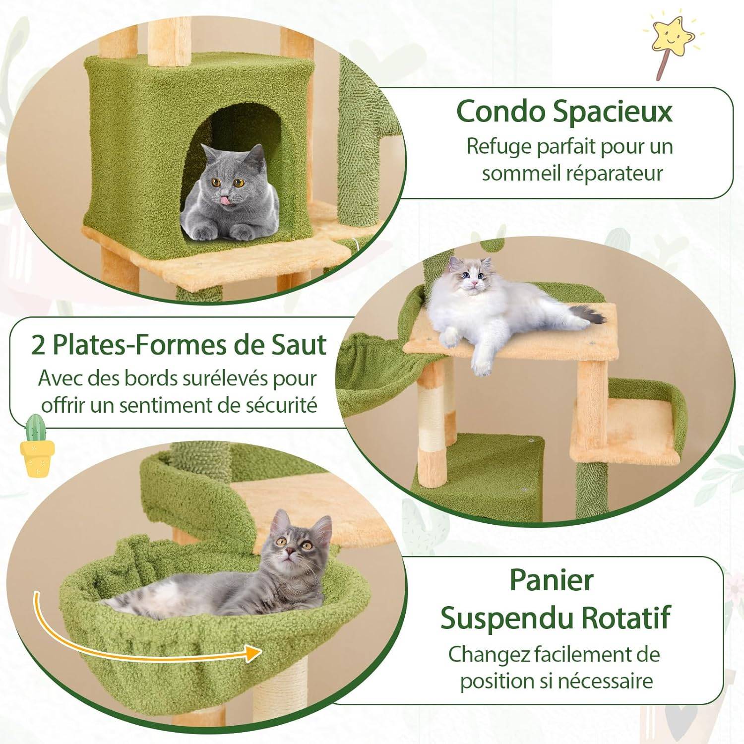 COSTWAY Arbre a Chat XXL Cactus 160 cm, 2 Poteaux à Griffer en Sisal, Planche à Griffer, Panier, 2 Pompons avec Grelot, Dispositif Anti-basculement - Image 6