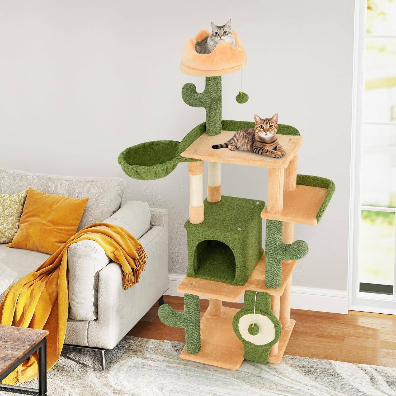 COSTWAY Arbre a Chat XXL Cactus 160 cm, 2 Poteaux à Griffer en Sisal, Planche à Griffer, Panier, 2 Pompons avec Grelot, Dispositif Anti-basculement - Image 3