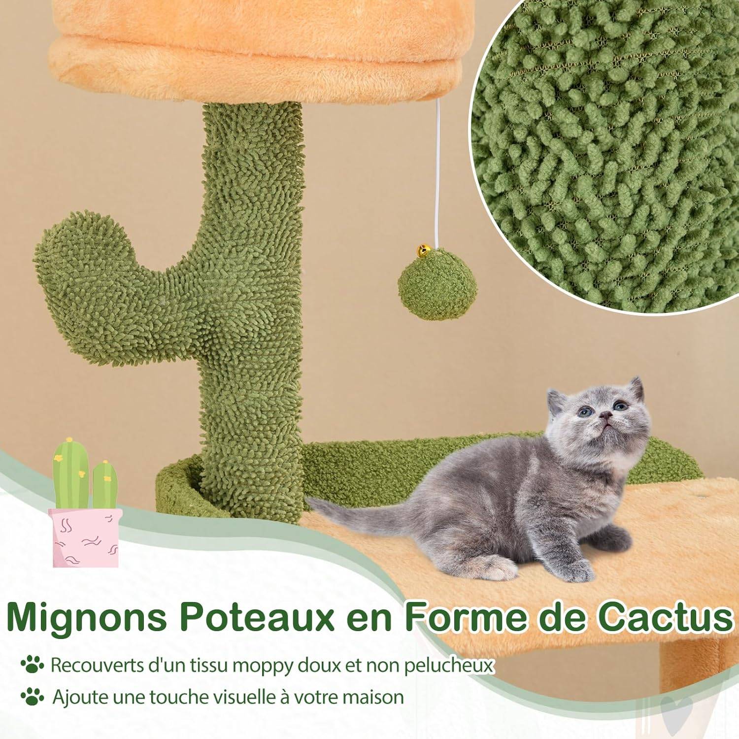 COSTWAY Arbre a Chat XXL Cactus 160 cm, 2 Poteaux à Griffer en Sisal, Planche à Griffer, Panier, 2 Pompons avec Grelot, Dispositif Anti-basculement - Image 7