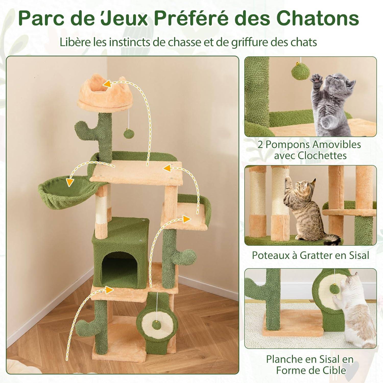 COSTWAY Arbre a Chat XXL Cactus 160 cm, 2 Poteaux à Griffer en Sisal, Planche à Griffer, Panier, 2 Pompons avec Grelot, Dispositif Anti-basculement - Image 8