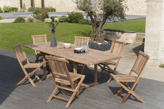 FUN - Ensemble de jardin -Table rect. 180*240 et 6 chaises bois teck - Image 2