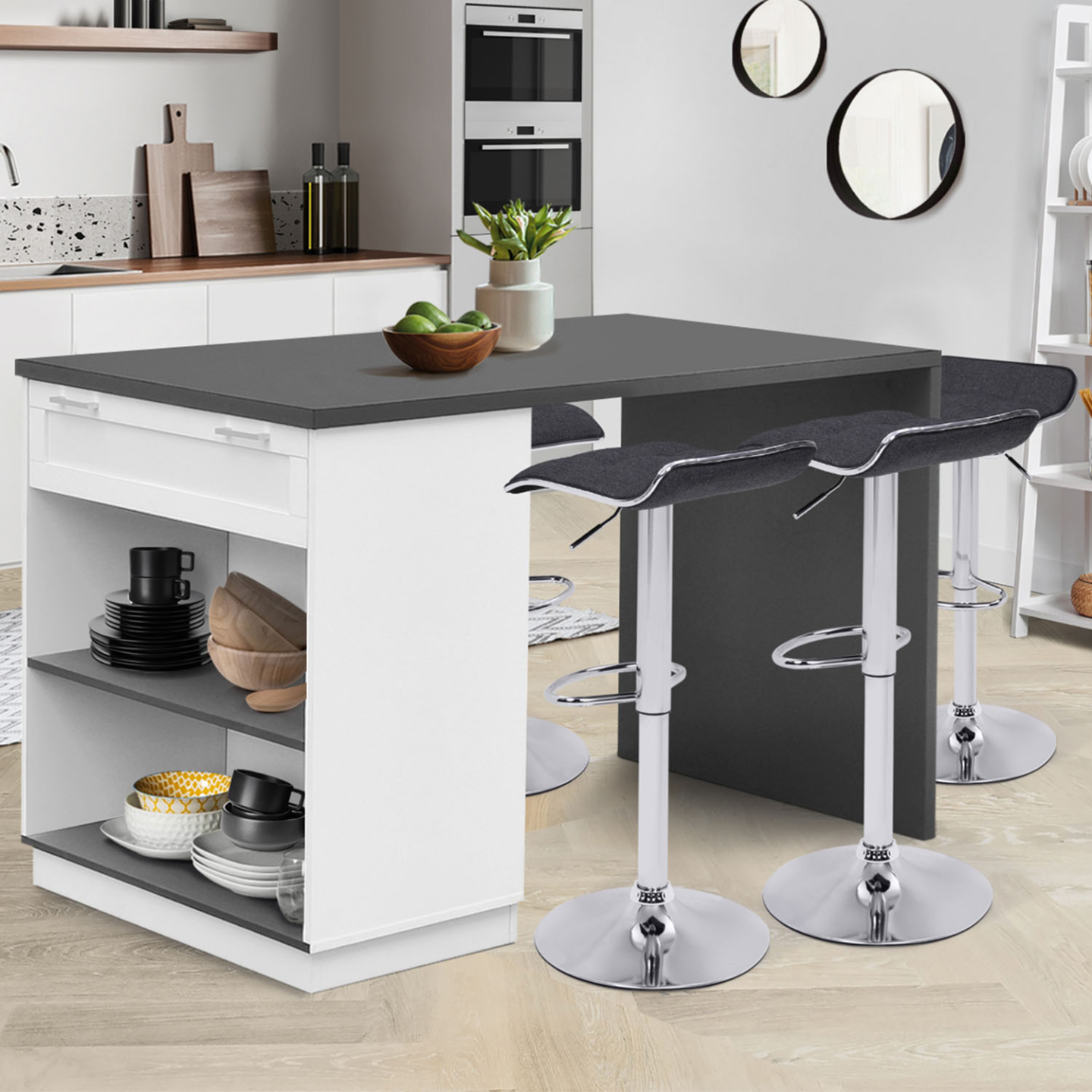 Ilot central mange-debout 4 personnes VITO 130 cm blanc et plateau gris - Image 1