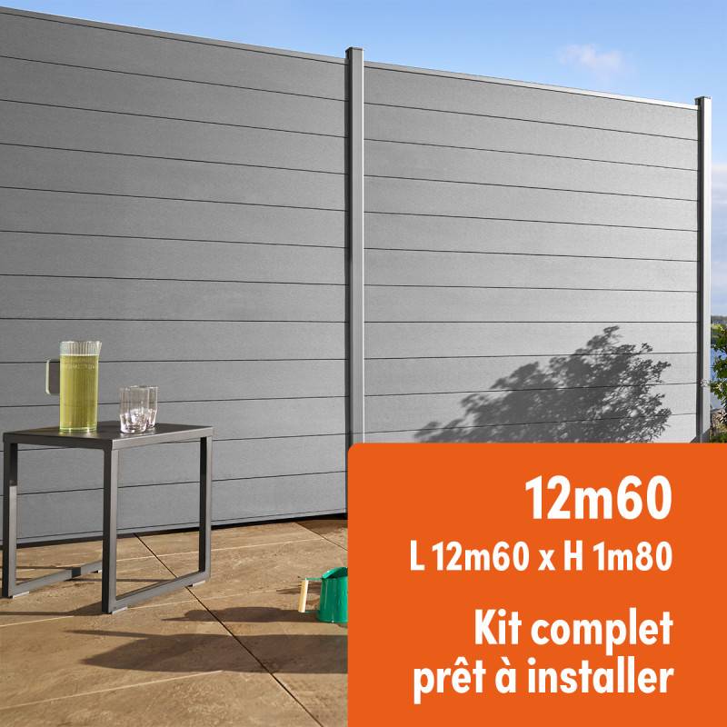 Kit clôture composite et aluminium à sceller H 1m80 L 12m60 gris quartz avec renforts acier - Palissade - Brise vue - Easy Clôture - Image 1