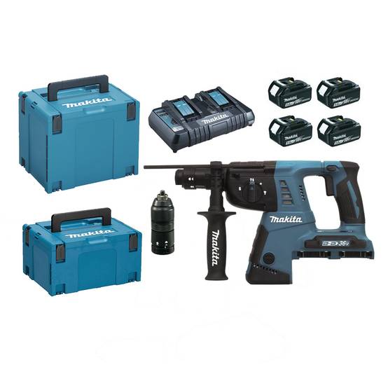Perforateur-Burineur SDS+ 36V (2x18V) - 2.5J - MAKITA - avec 4 batteries 5Ah + 1 chargeur rapide + 2 MakPak + accessoires - DHR264PT4J - Image 1