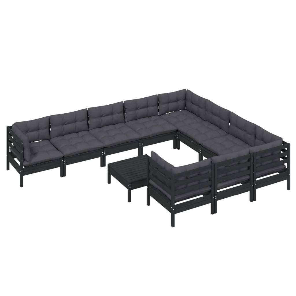 Helloshop26 - Salon de jardin meuble d'extérieur ensemble de mobilier 11 pièces avec coussins noir bois de pin