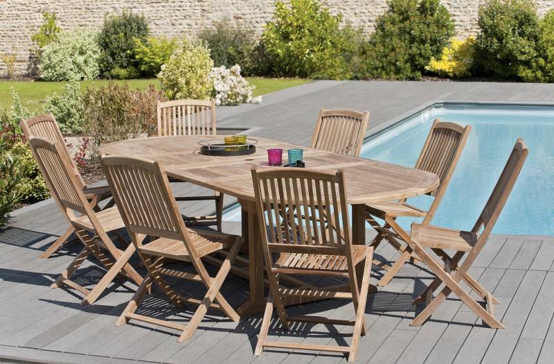 Macabane - FUN - Ensemble de jardin 10/12 pers. table / 8 chaises bois teck - Imagen 7