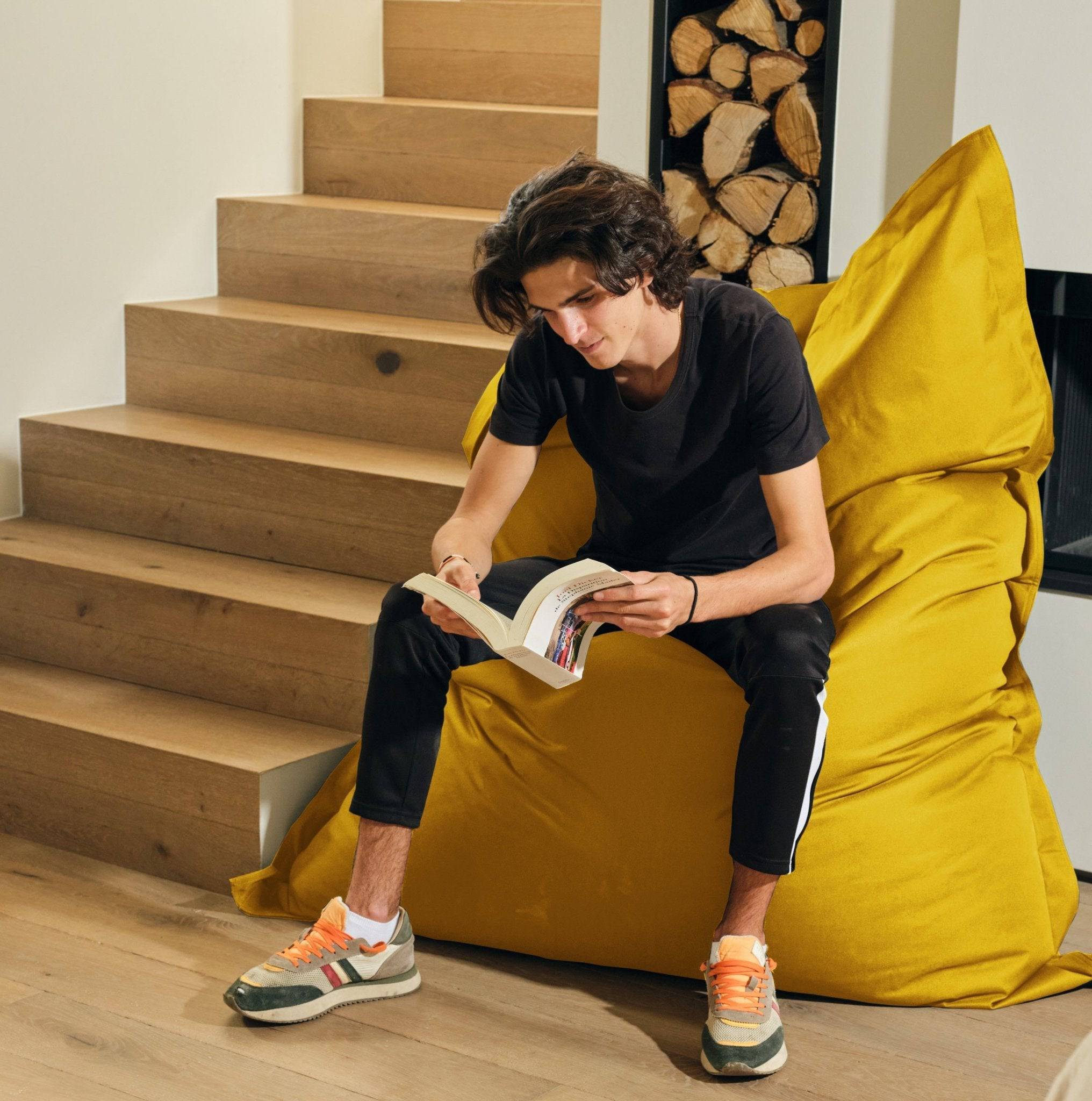 Pouf XXL intérieur extérieur déhoussable en tissu jaune 140x180cm - Déco arts - Image 2