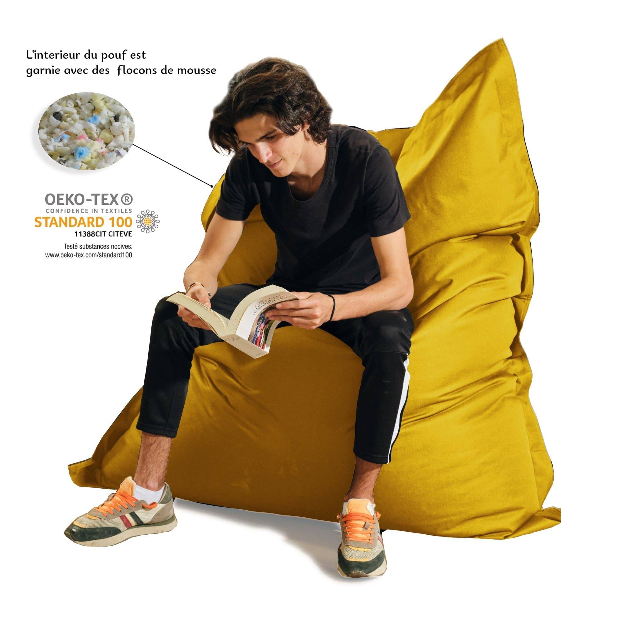 Pouf XXL intérieur extérieur déhoussable en tissu jaune 140x180cm - Déco arts - Image 5