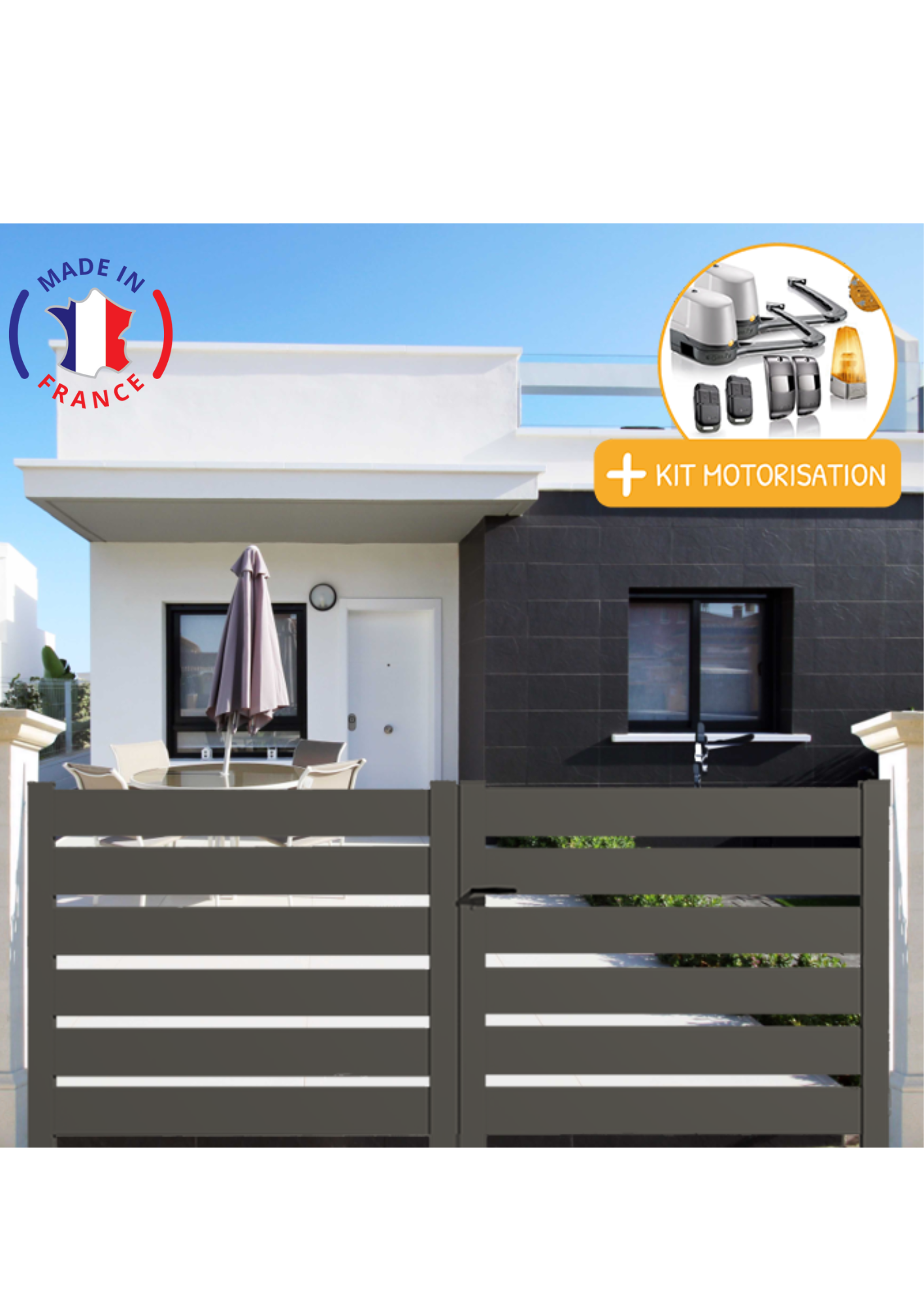 Portail Packit - Portail alu battant SAH en kit +MOT dim. L.4000 (entre piliers) X H.1500 mmMOT LOCKYVIA (à bras)  Gris Quartz (RAL 7039)