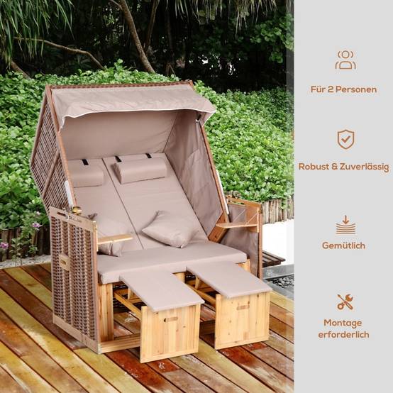 Cabine de plage 2 places bois et résine tressée jardin inclinable 118cm Beige - ComfortXL Outdoor Living - Image 7