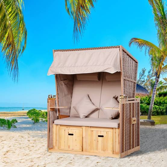 Cabine de plage 2 places bois et résine tressée jardin inclinable 118cm Beige - ComfortXL Outdoor Living - Image 1
