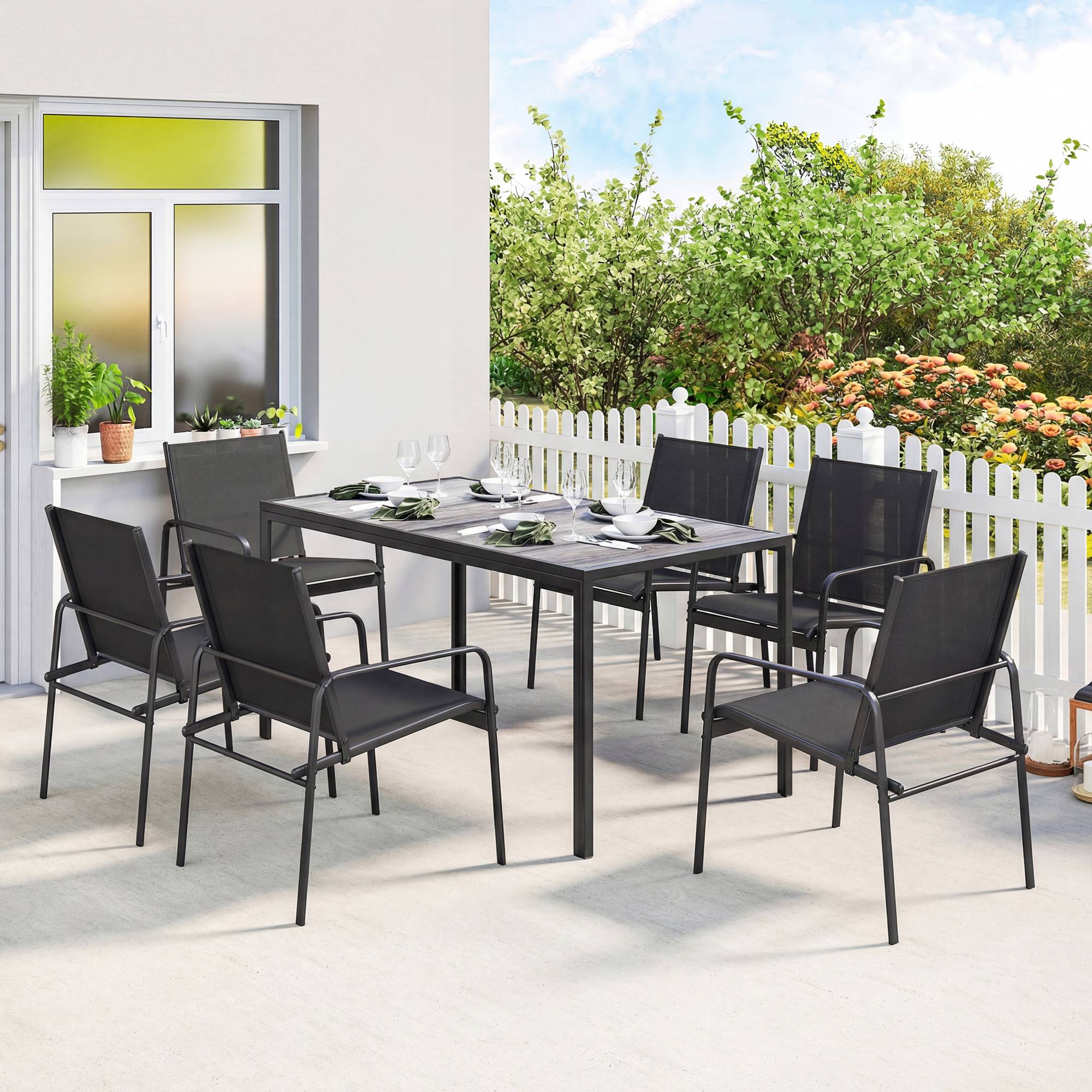 Salon de jardin : table 150x80 cm aspect bois + 6 chaises respirantes, cadre acier, noir - Image 2