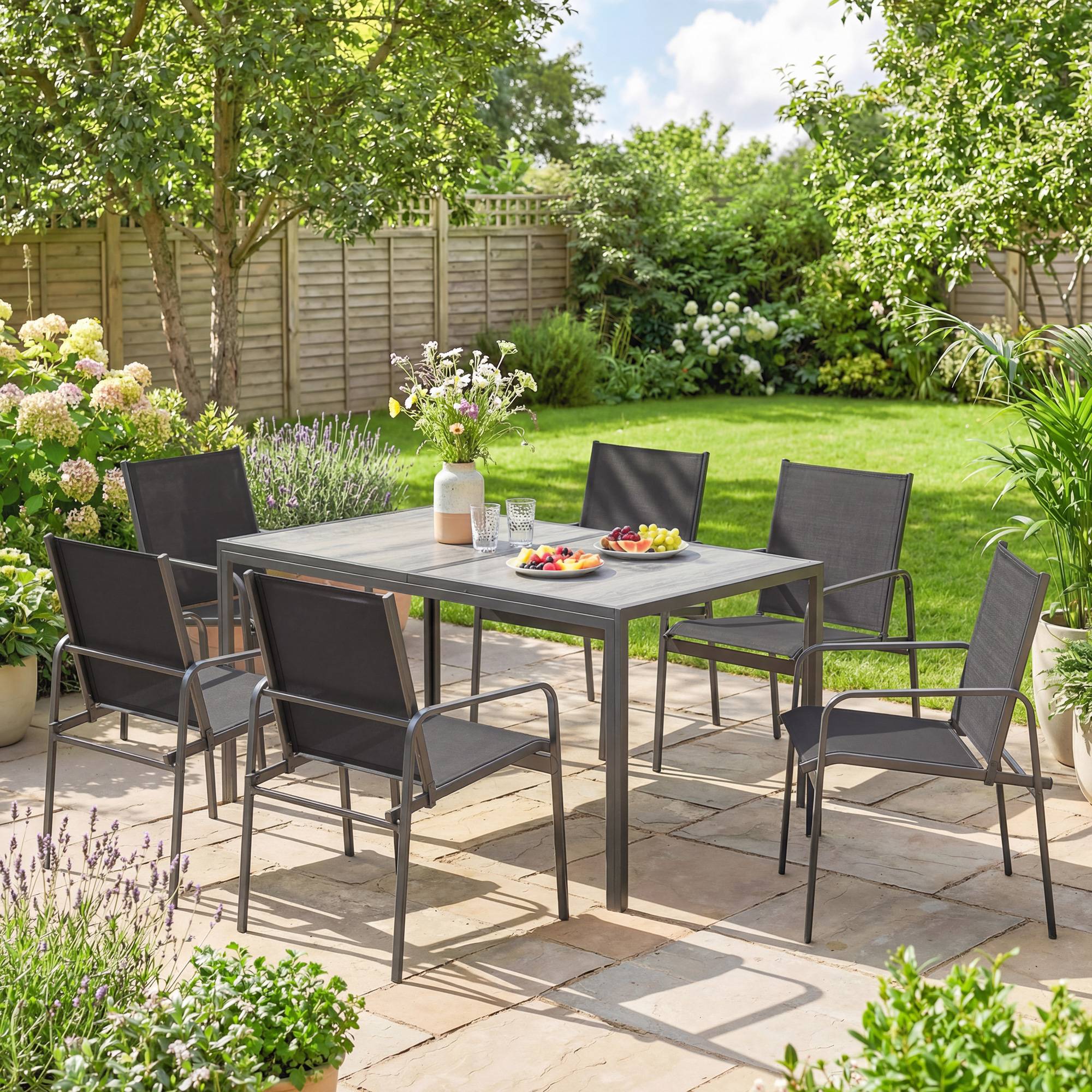 Salon de jardin : table 150x80 cm aspect bois + 6 chaises respirantes, cadre acier, noir - Image 8