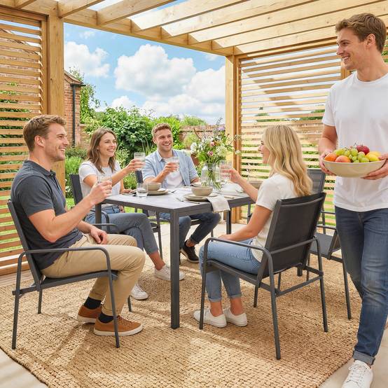 Salon de jardin : table 150x80 cm aspect bois + 6 chaises respirantes, cadre acier, noir - Image 9
