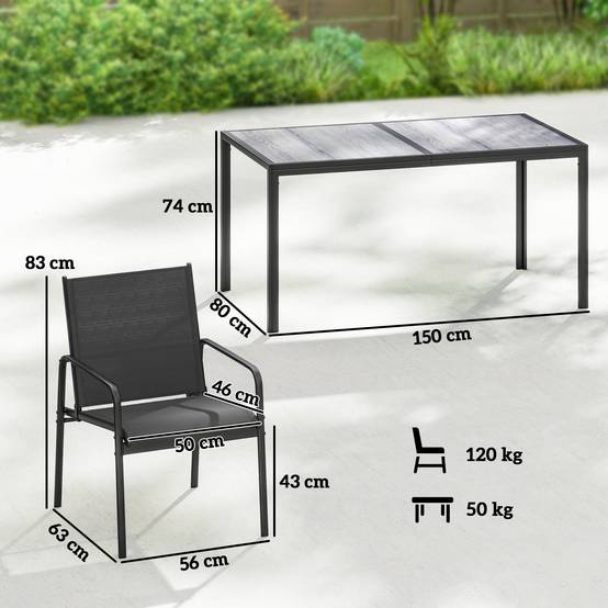 Salon de jardin : table 150x80 cm aspect bois + 6 chaises respirantes, cadre acier, noir - Image 3