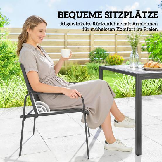 Salon de jardin : table 150x80 cm aspect bois + 6 chaises respirantes, cadre acier, noir - Image 6