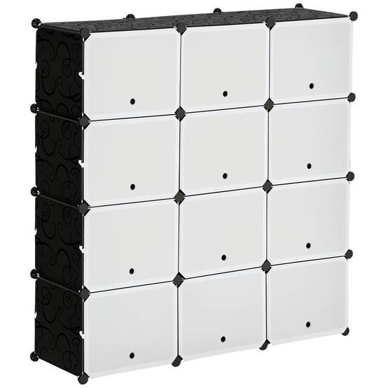 Système d'étagères modulaires, étagère à emboîter, composée de 12 cubes de 125 x 32 x 125 cm, plastique et acier noir. - Image 1